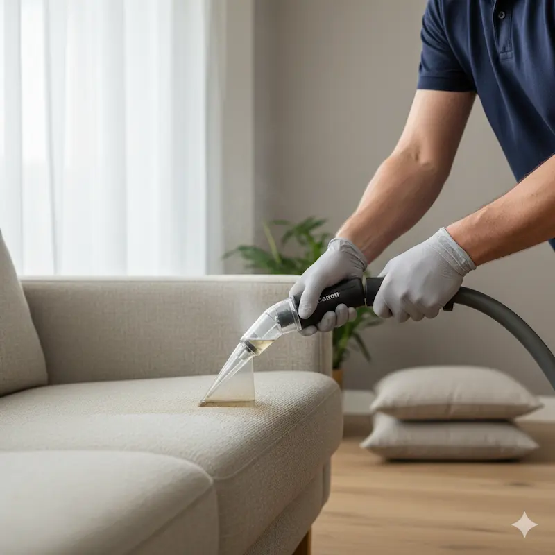Expert qui nettoie canapé avec aspirateur professionnel